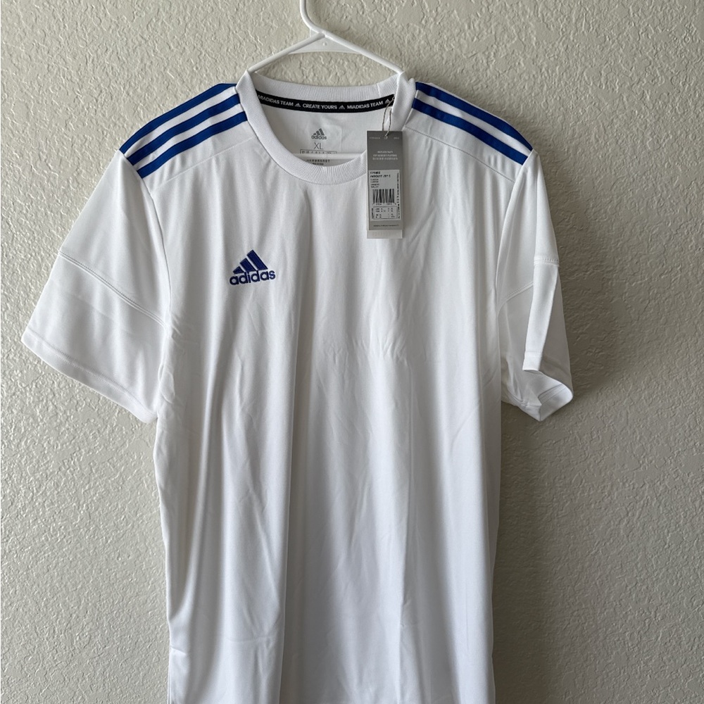 Adidas Youth White Tee with Blue Stripes